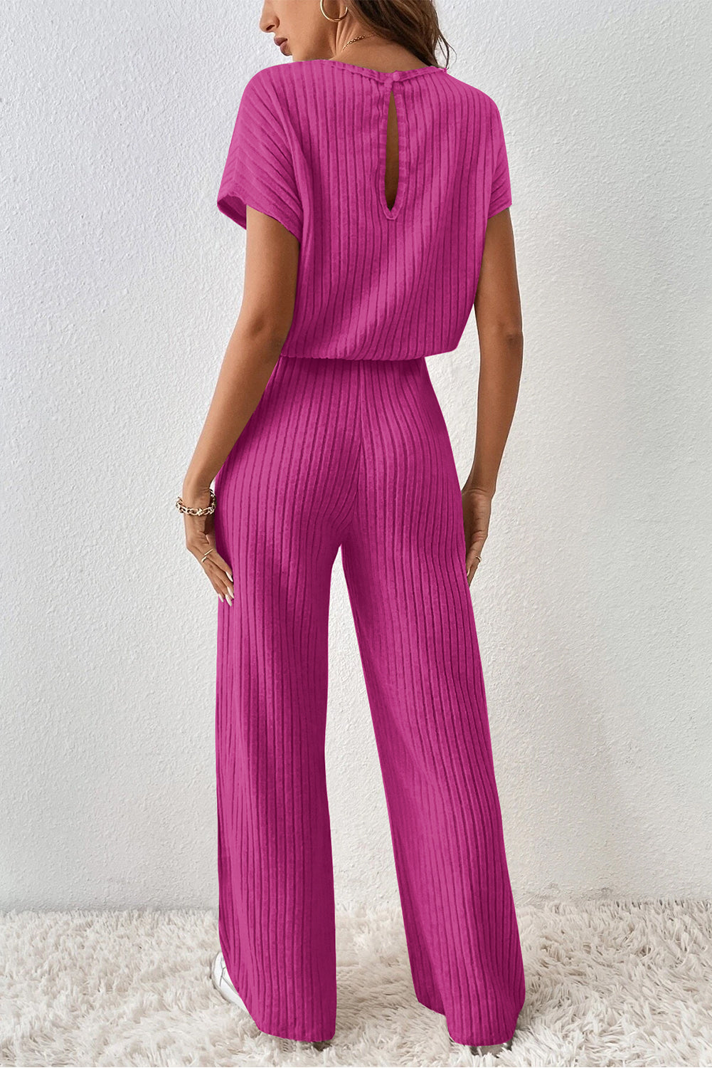 Solid Color Ribbed Short Sleeve Wide Leg Jumpsuit