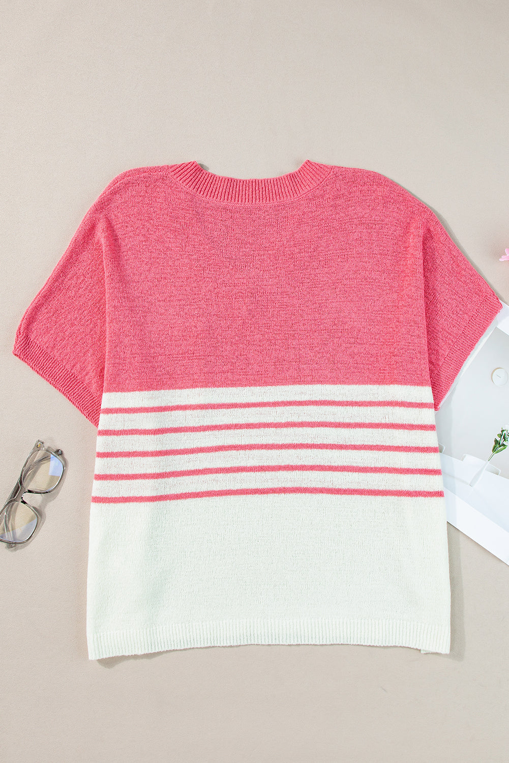 Strawberry Pink Striped Colorblock V Neck Knitted T Shirt