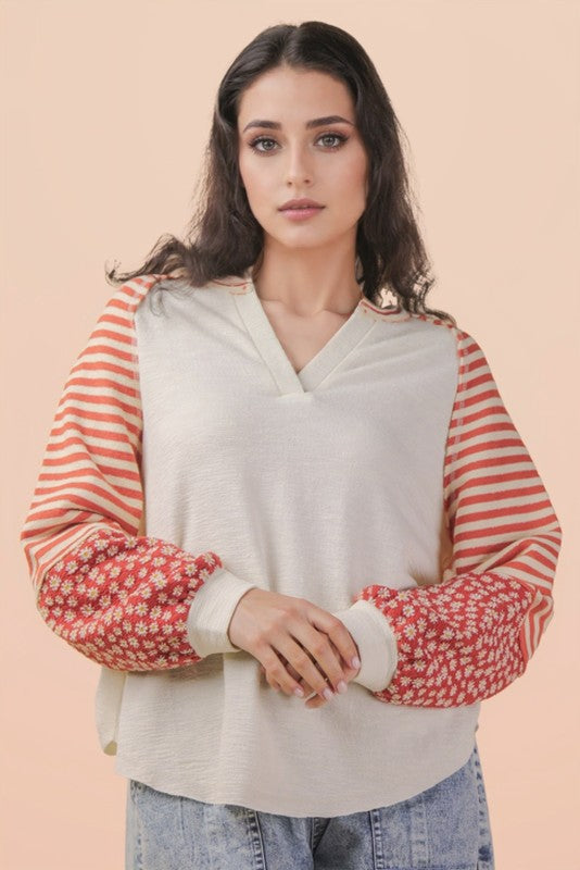 Spring Cream Floral & Stripes Knit Top