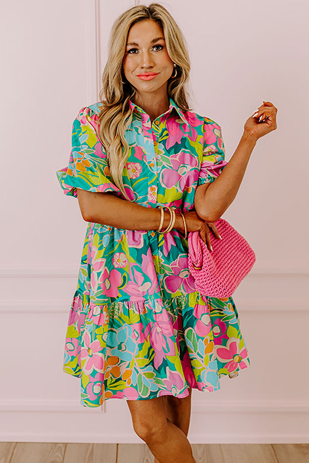 Floral Puff Sleeve Buttoned Babydoll Dress