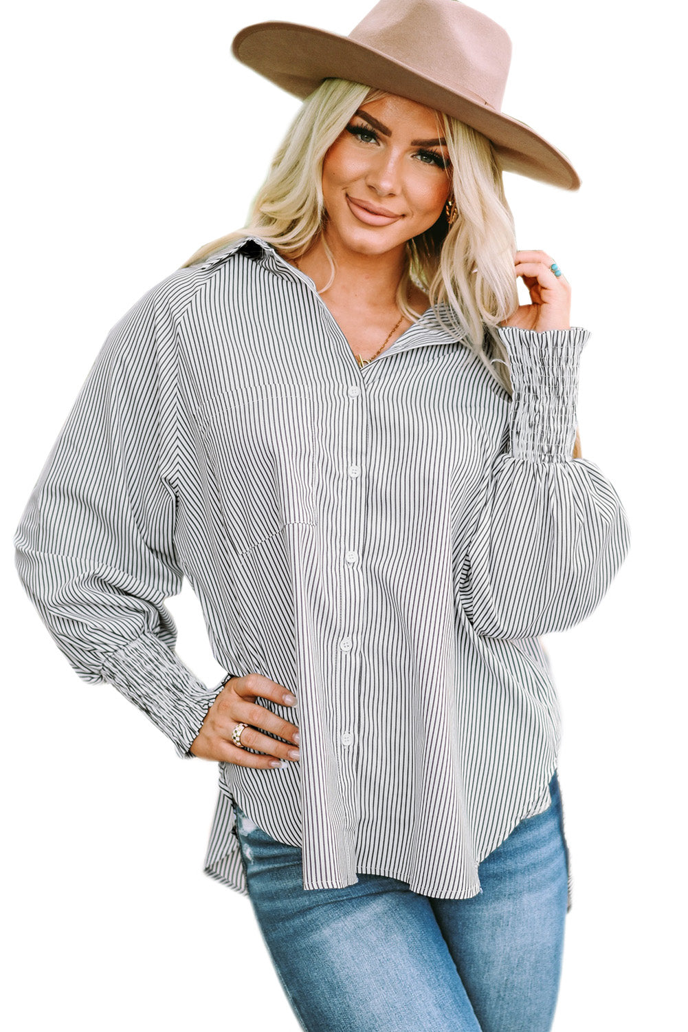 Striped Casual Shirred Cuffs Shirt