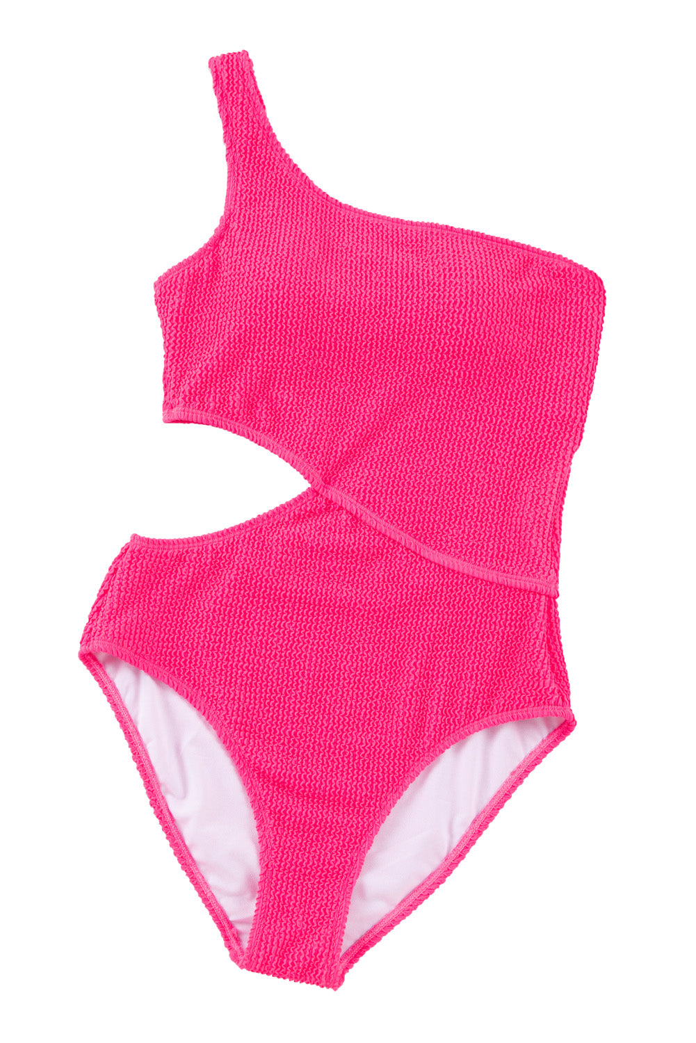 Bright Pink Solid Textured Cut Out Asymmetric One Piece Swimsuit