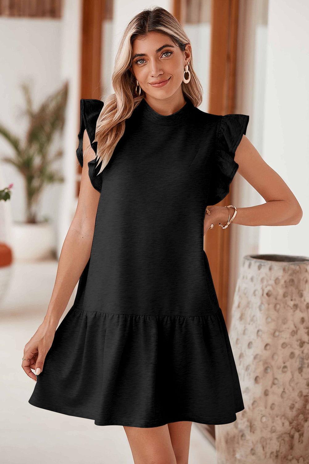 Solid Color Ruffle Hem Mini Sweatshirt Dress