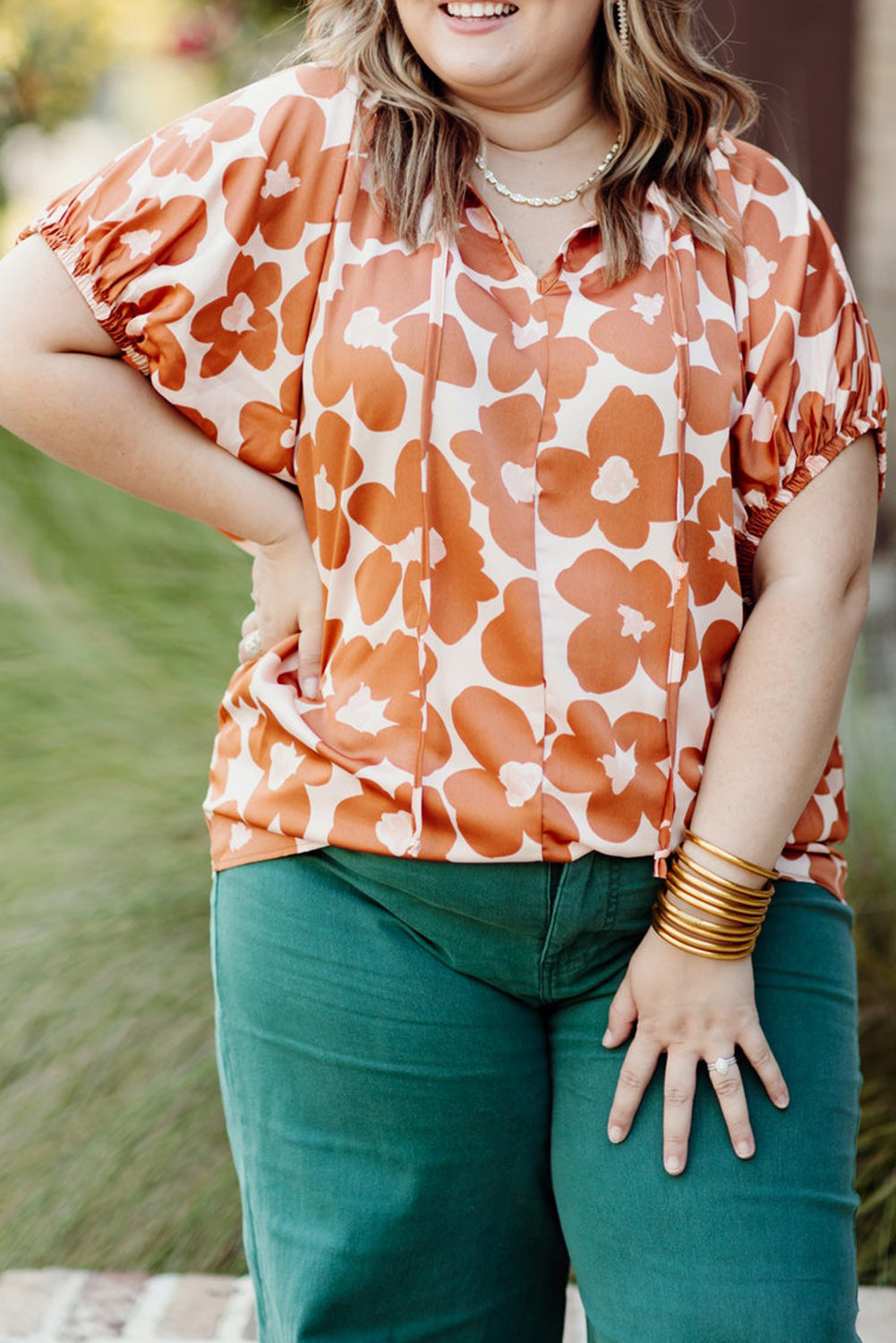 Orange Floral Print Drawstring V Neck Short Sleeve Blouse