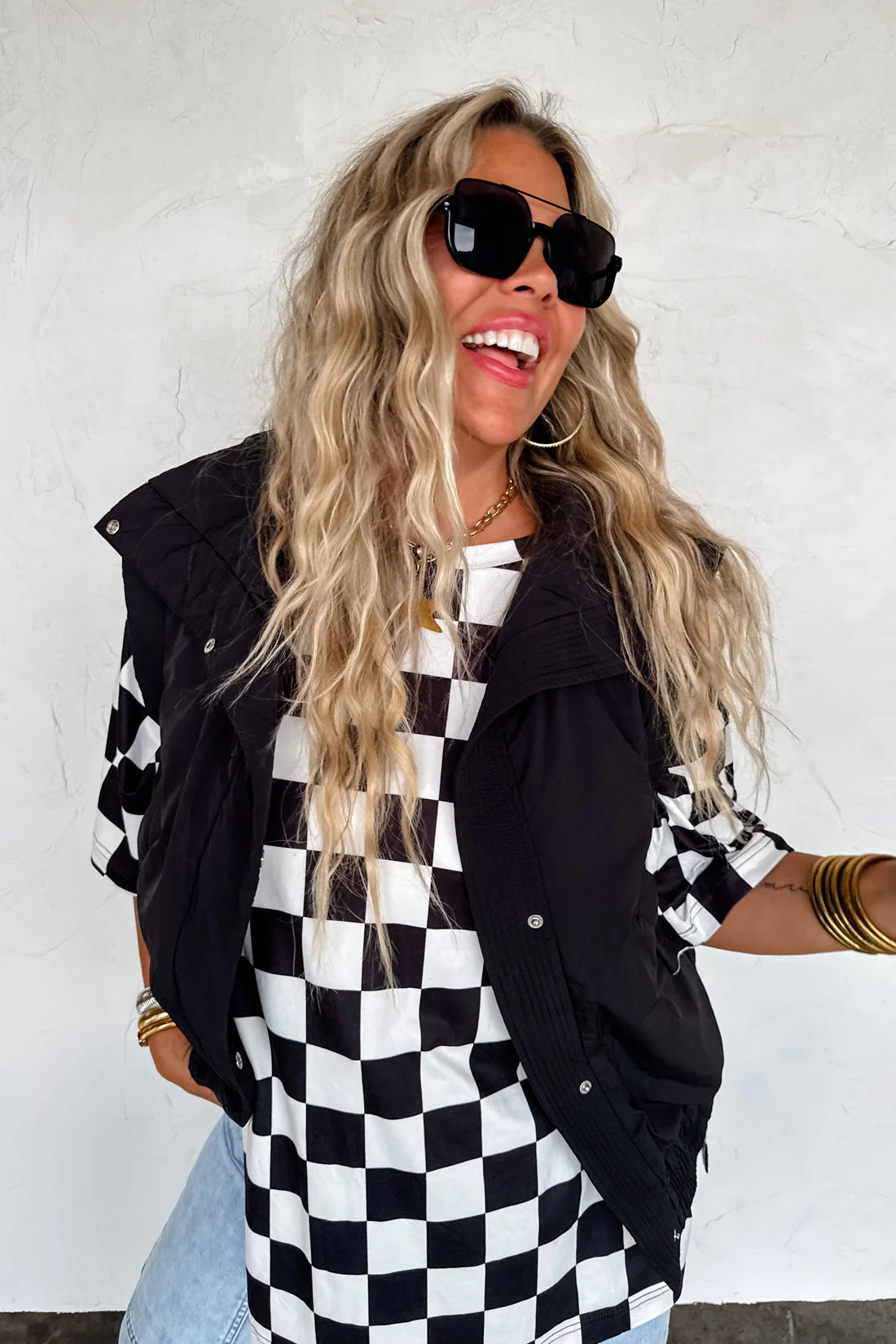 Black/White Checkered Top with slit sides