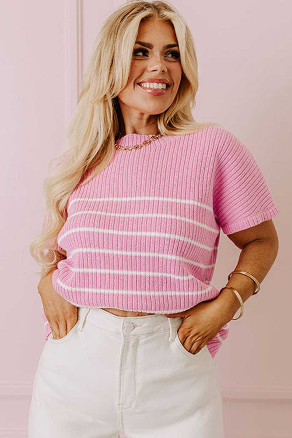 Pink Plus Size Ribbed Stripe Round Neck T Shirt