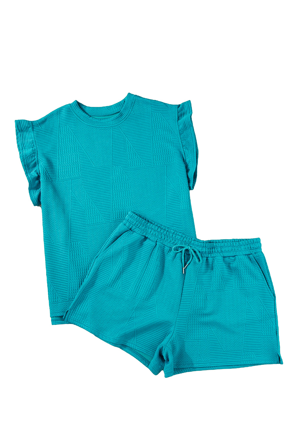 Textured Ruffle Split Top and Drawstring Shorts Set