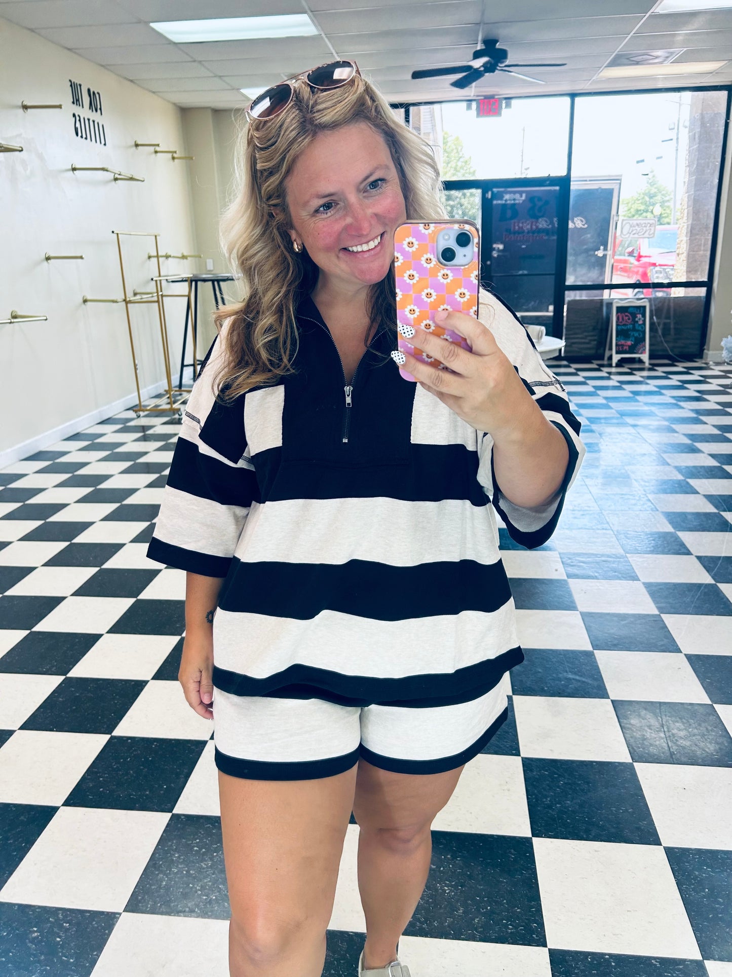 ZENANA TERRY STRIPED HALF ZIP HIGH NECK TOP & SHORTS SET