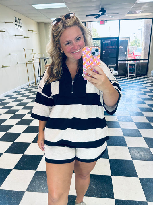 ZENANA TERRY STRIPED HALF ZIP HIGH NECK TOP & SHORTS SET