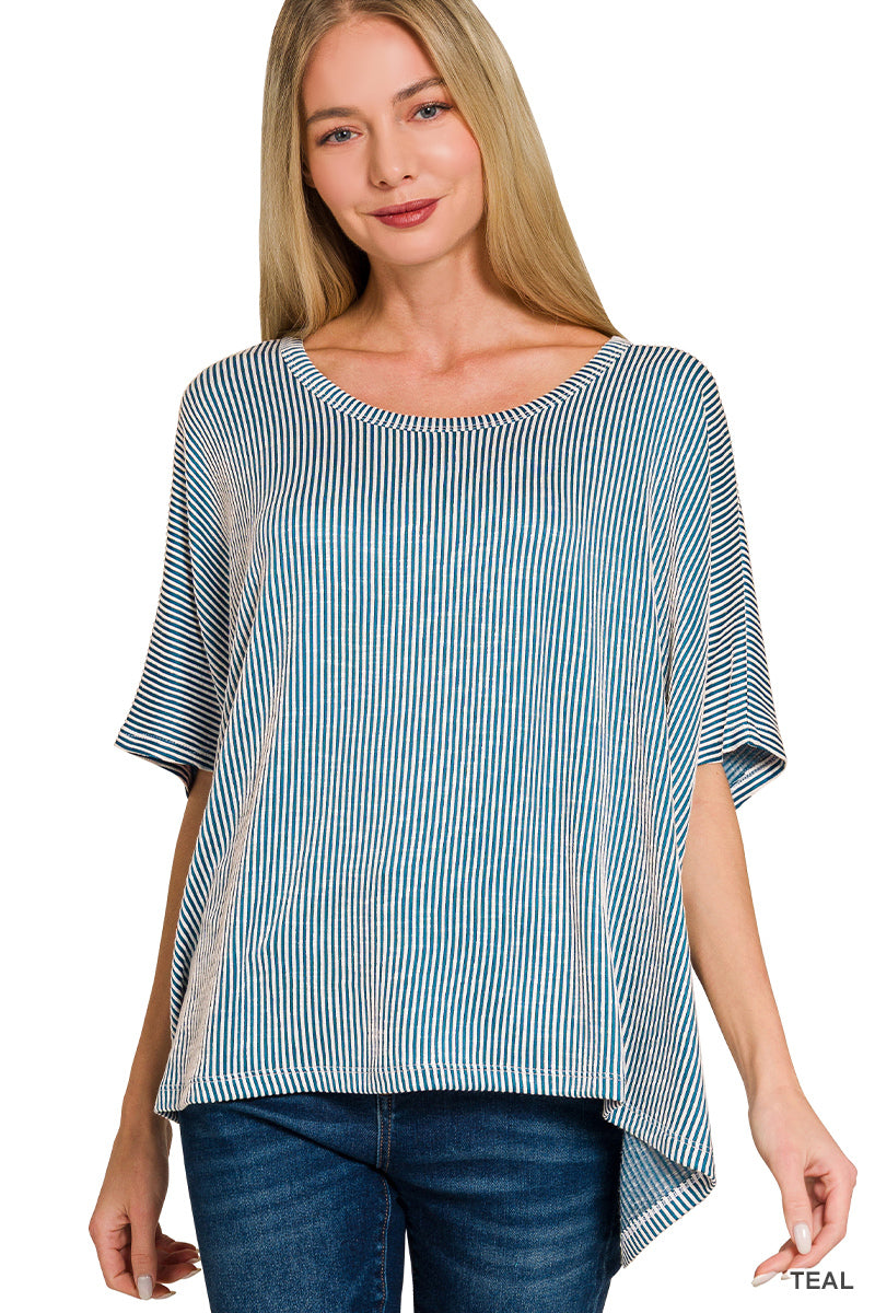 ZENANA RIBBED STRIPED OVERSIZED SHORT SLEEVE TOP