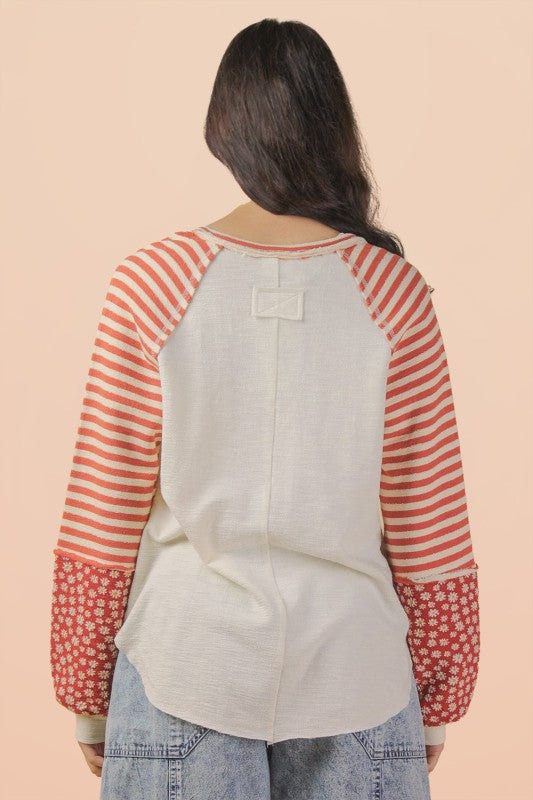 Spring Cream Floral & Stripes Knit Top