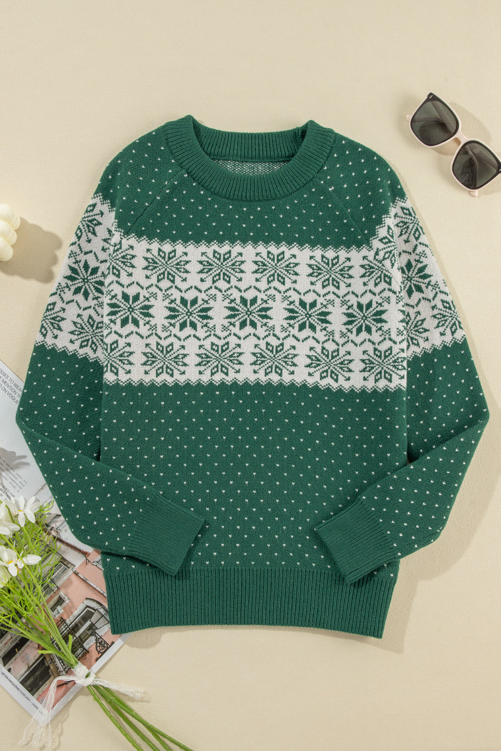 Green Snowflake Dotted Print Round Neck Sweater