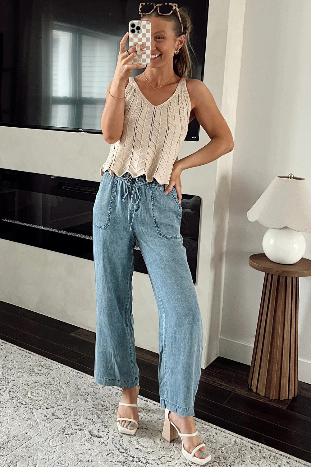 Mineral Wash Drawstring Waist Loose Straight Jeans