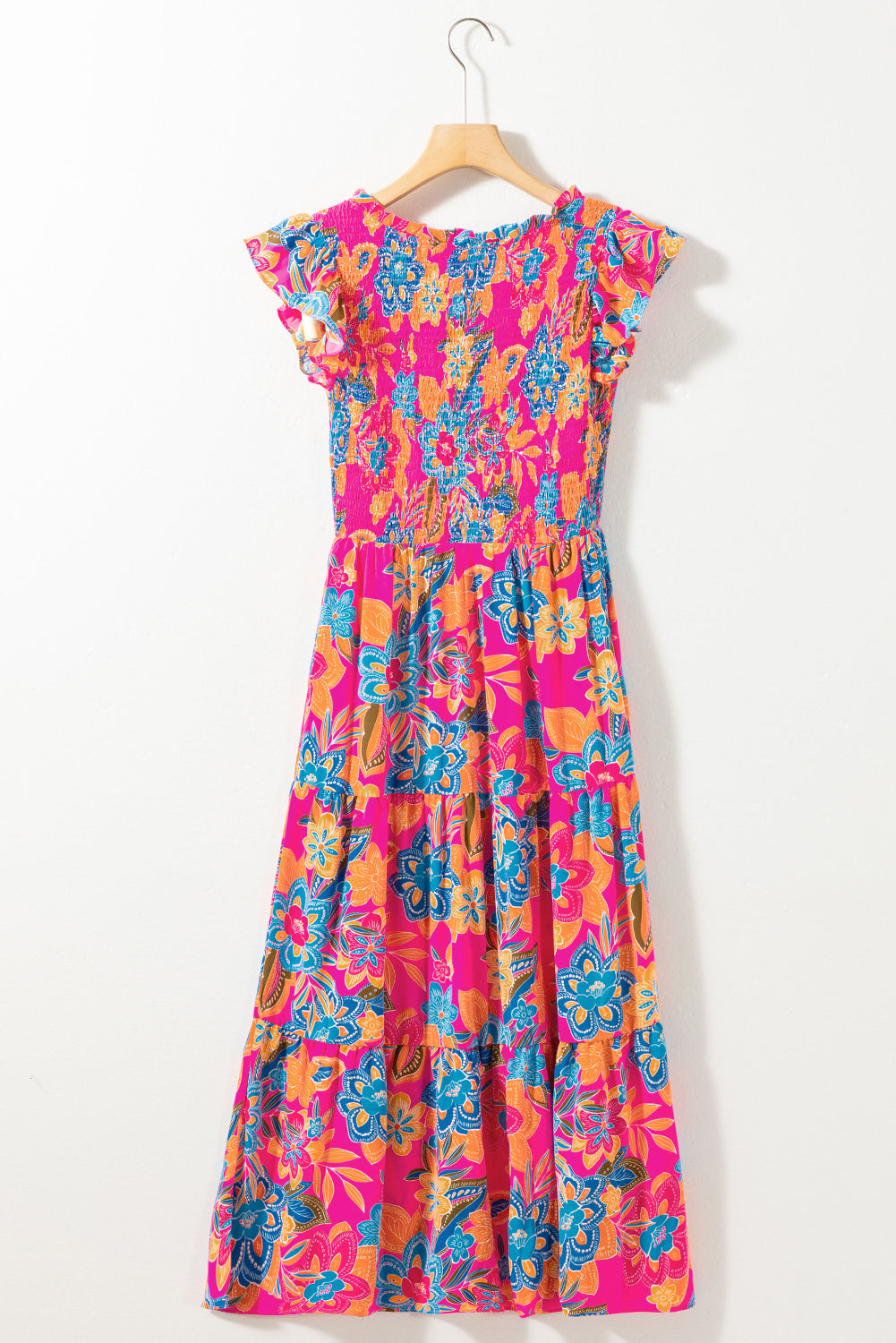 Boho Floral V Neck Ruffle Tiered Long Dress