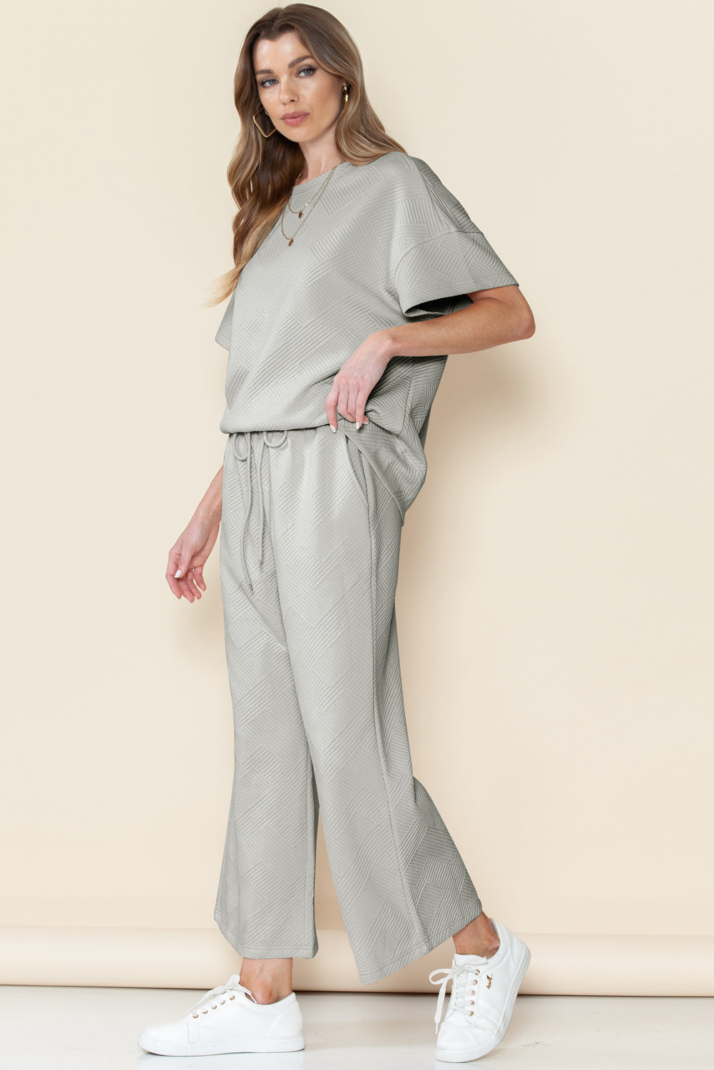 Textured Loose Fit T Shirt and Drawstring Pants Set