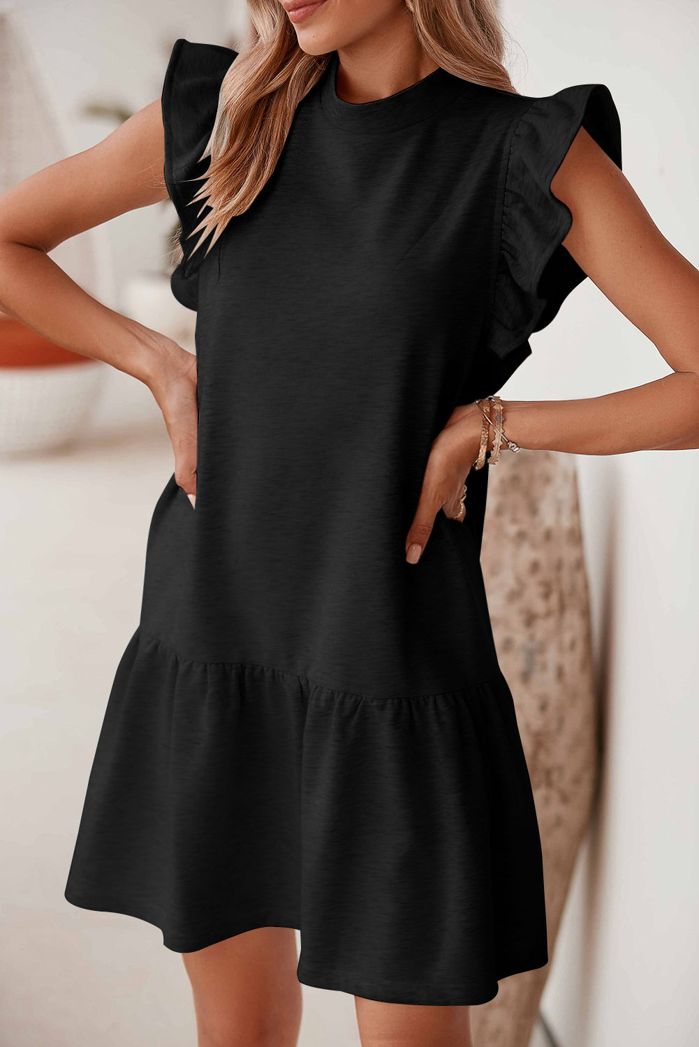 Solid Color Ruffle Hem Mini Sweatshirt Dress