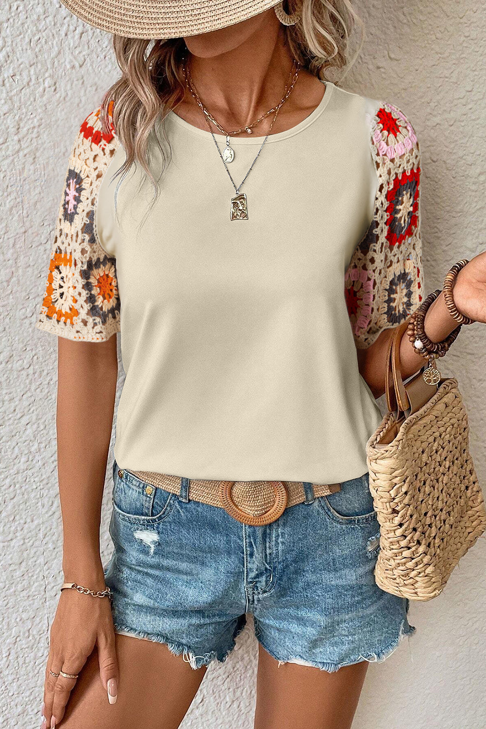 Floral Hollowed Crochet Sleeve Boho T Shirt