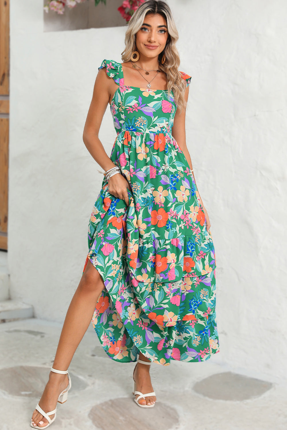 Boho Floral Print Ruffle Sleeveless Tiered Maxi Dress