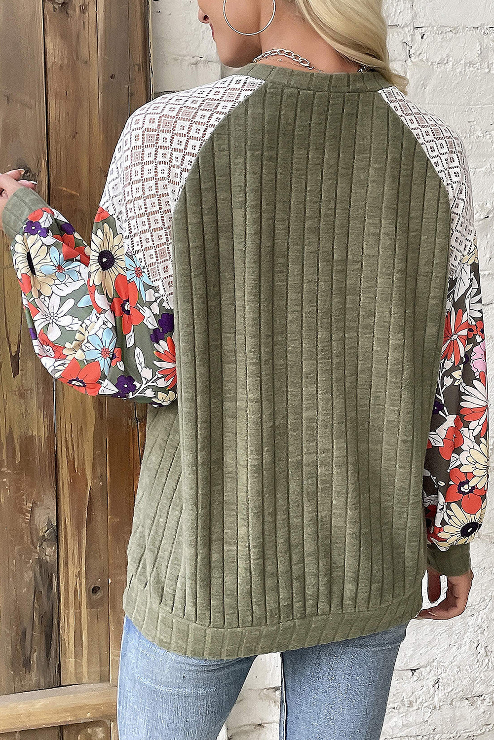 Vineyard Green Textured Floral Patchwork Raglan Sleeve Top