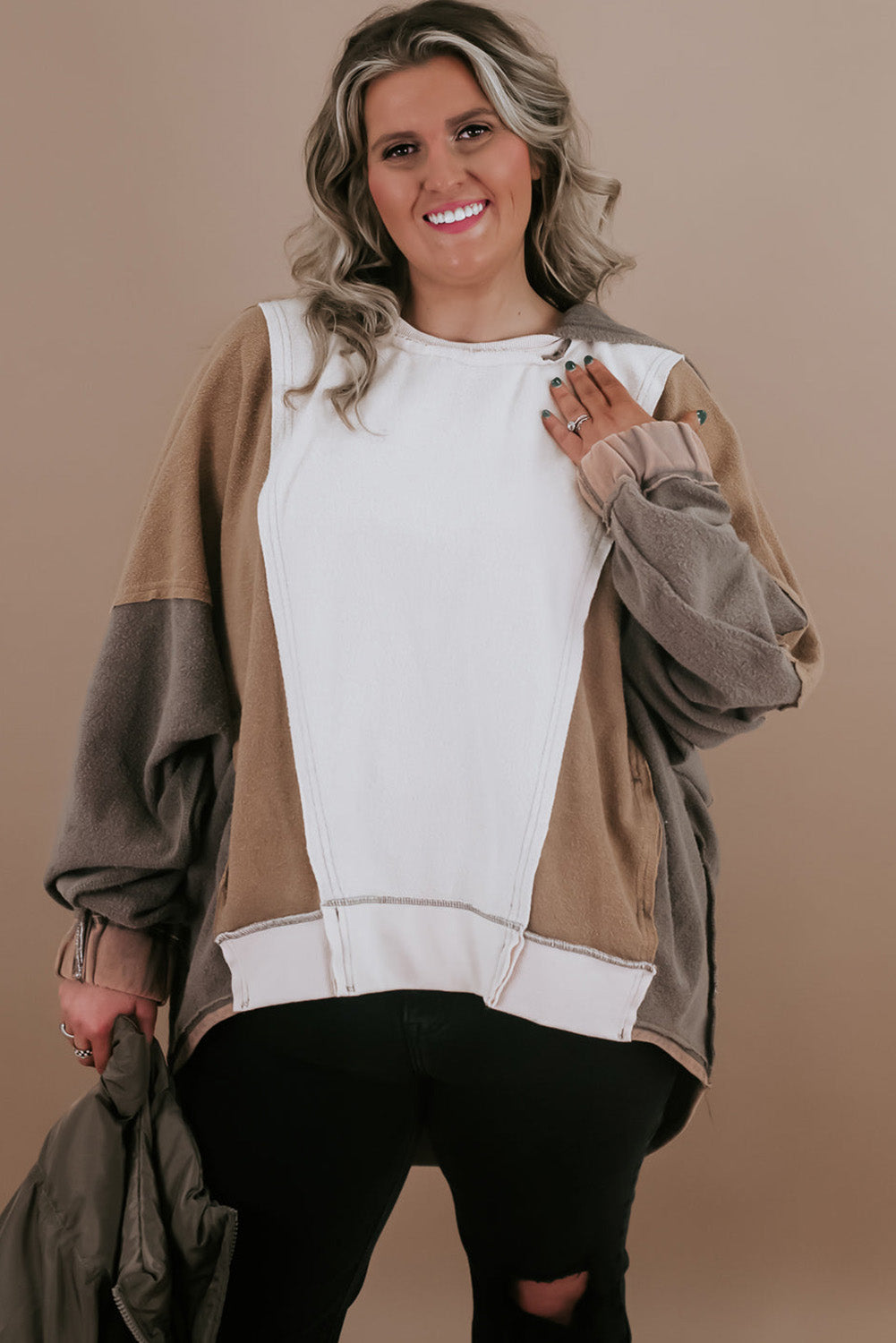 Brown Plus Size Exposed Seam Patchwork Sweatshirt