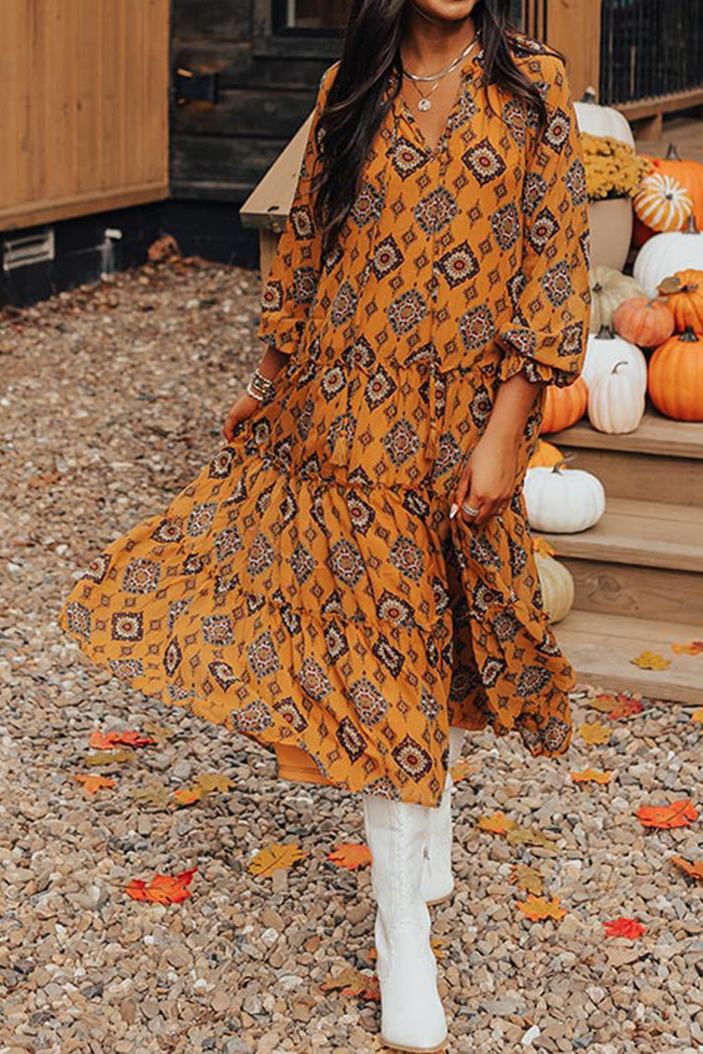 Orange Geometric Print Frilled Loose Fit Dress