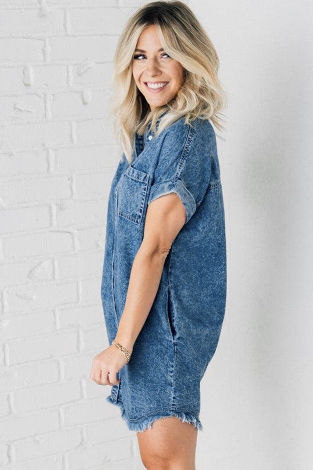 Blue Mineral Wash Cuffed Sleeve Frayed Hem Denim Dress