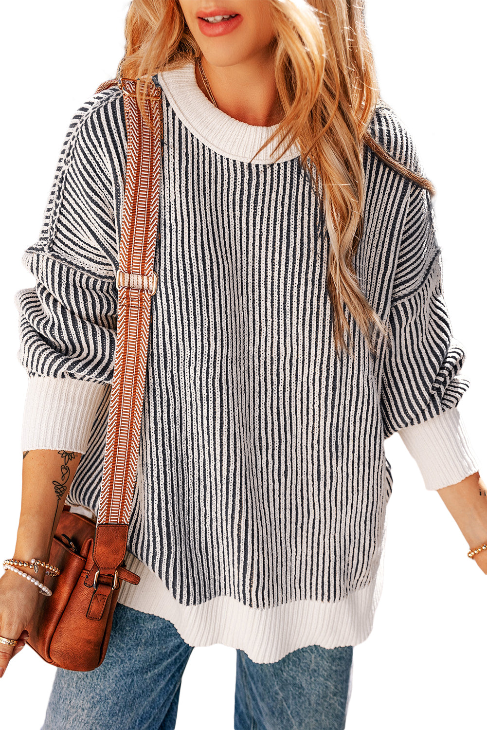 Striped Contrast Trim Loose Sweater