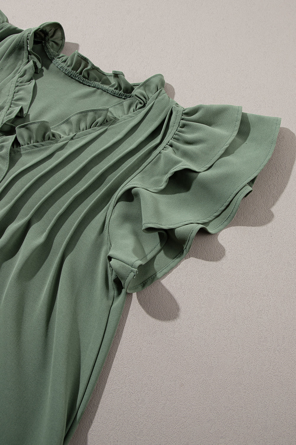 Mist Green Ruffle Trim Sleeve V Neck Pocketed Mini Dress