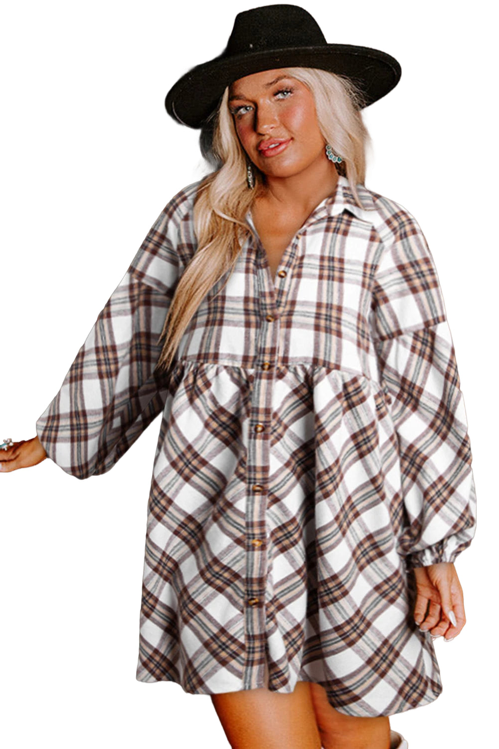 White Plaid Bubble Sleeve Flowy Shirt Dress