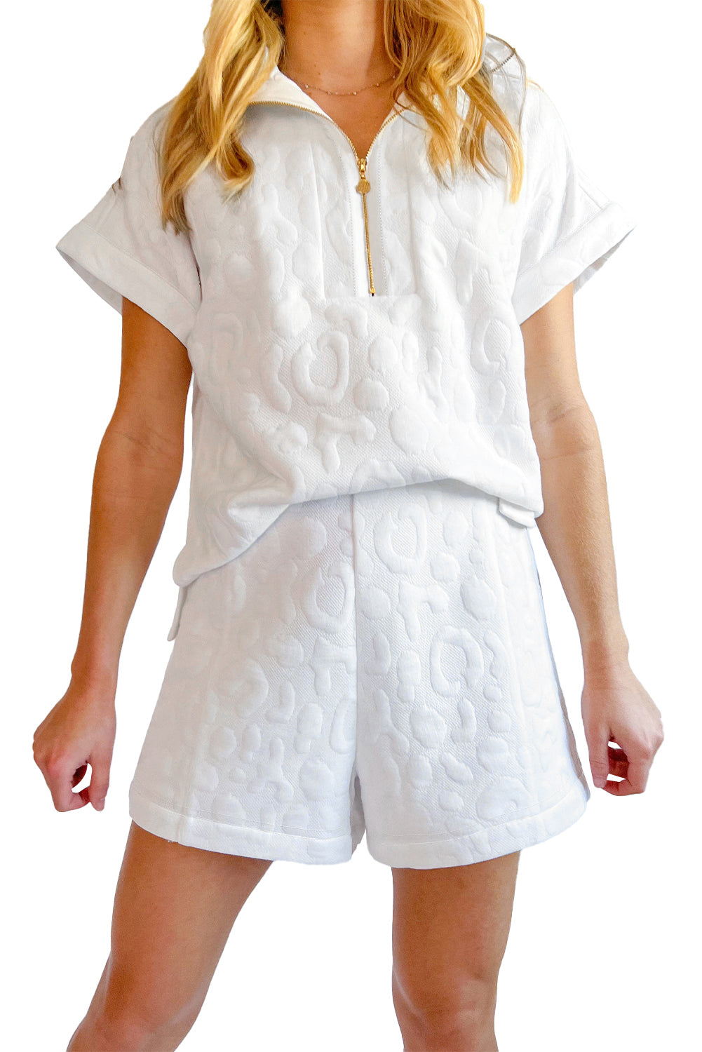 White Plain Leopard Jacquard Quarter-Zip Tee and Shorts Set