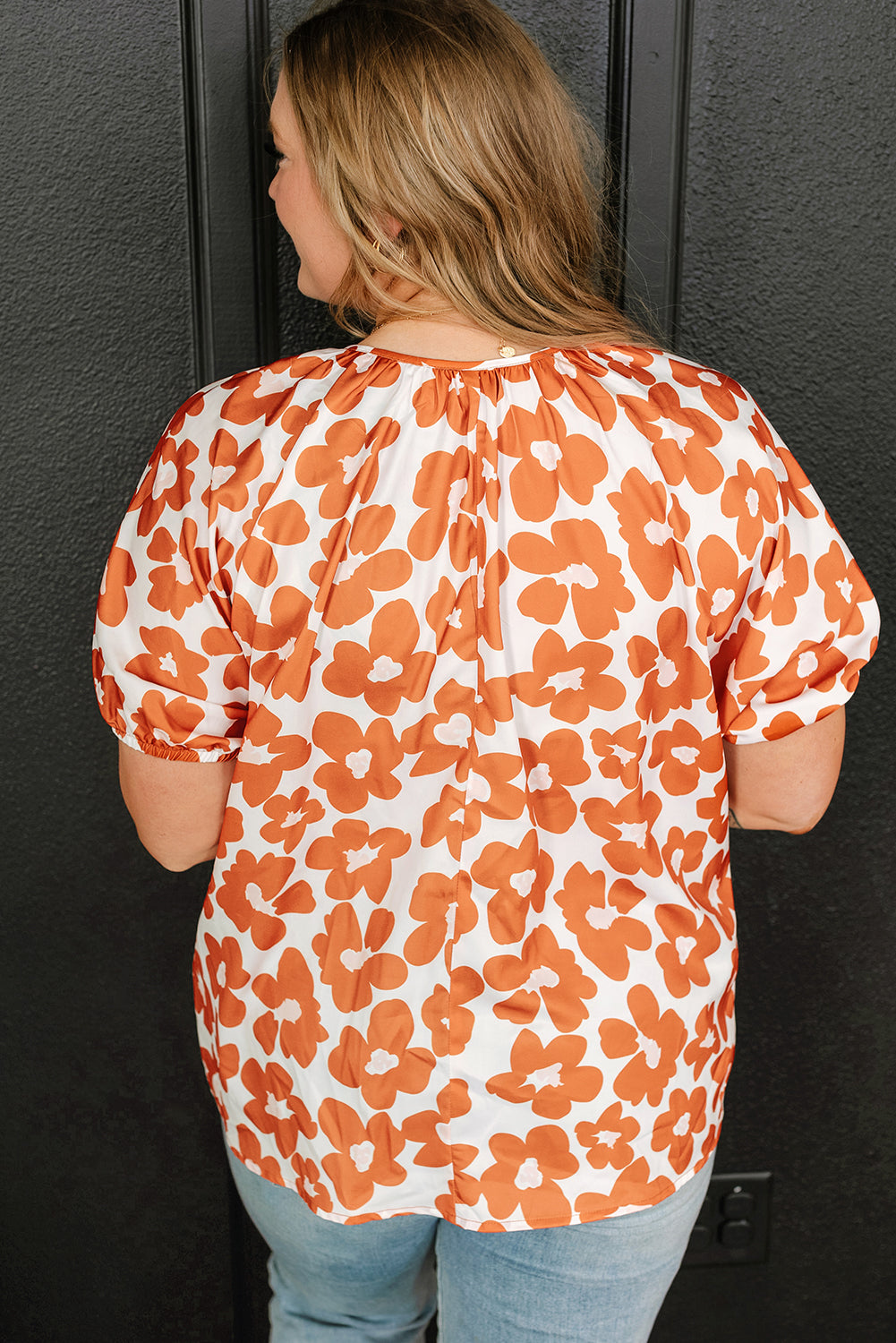 Orange Floral Print Drawstring V Neck Short Sleeve Blouse