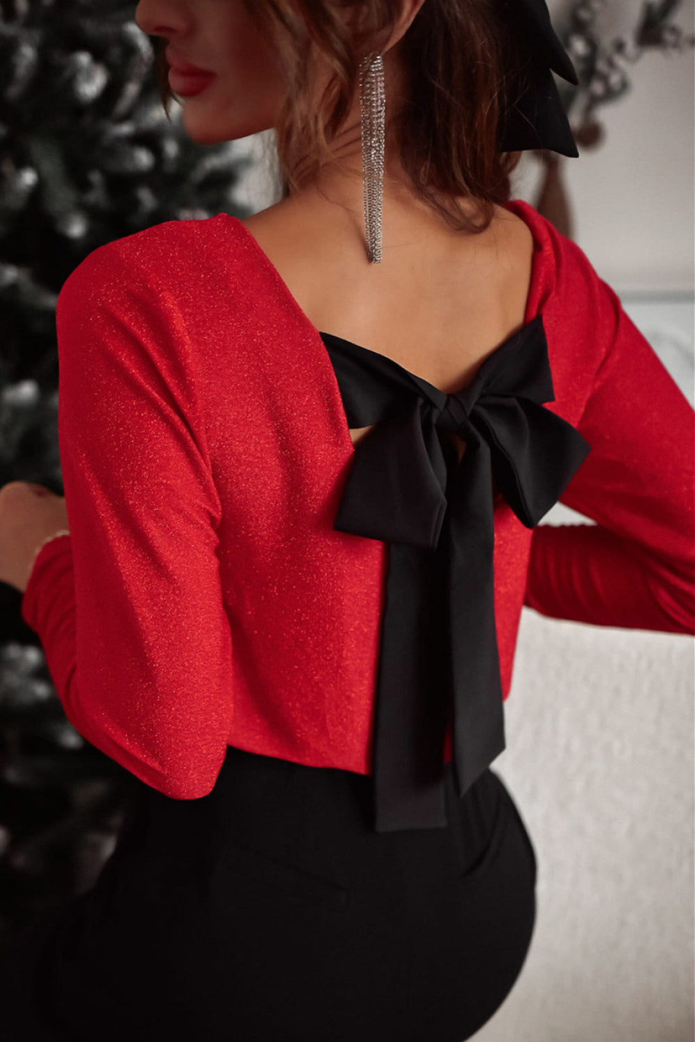 Racing Red Sweet Bowknot Backless V Neck Long Sleeve Top