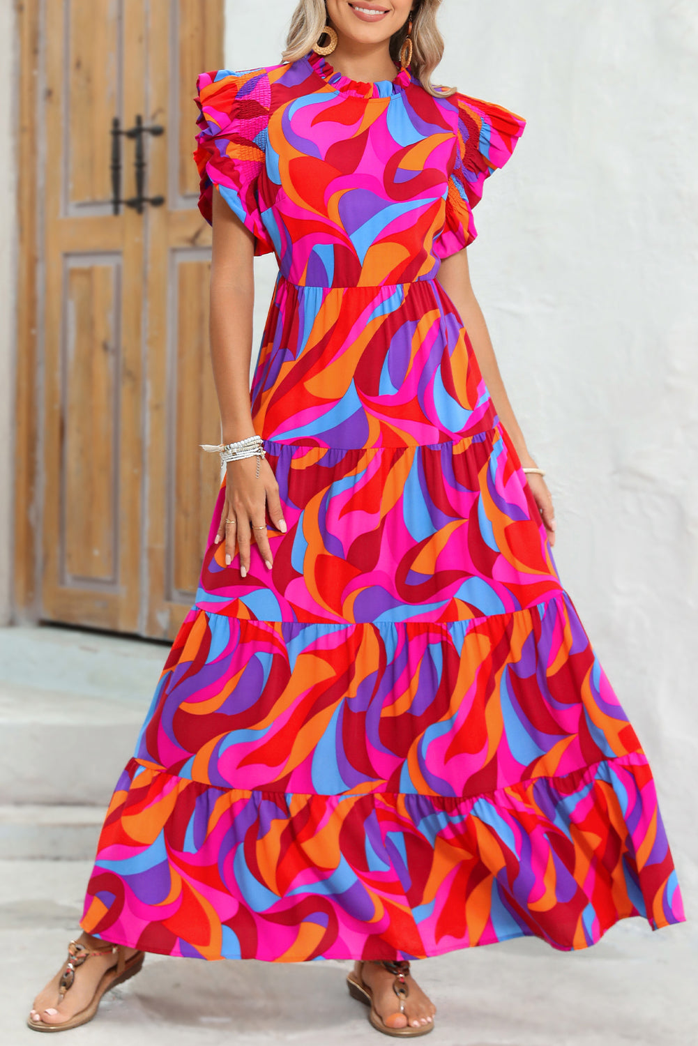 Orange Abstract Print High Waist Ruffle Tiered Maxi Dress