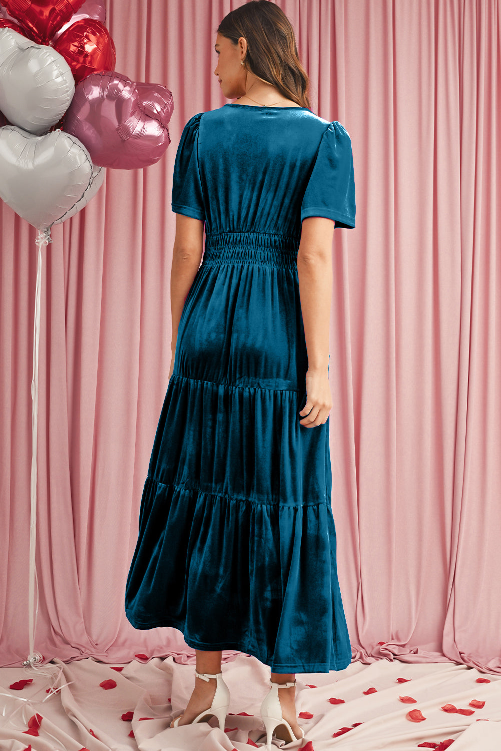 Evergreen Velvet Puff Short Sleeve Smocked Waist Tiered Maxi Dress