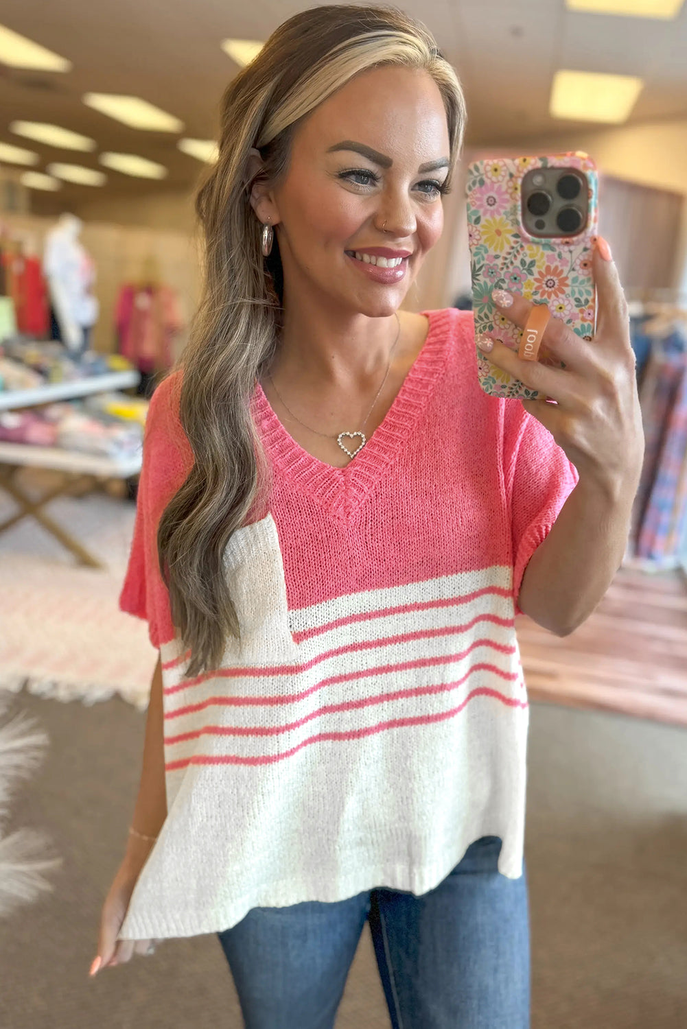 Strawberry Pink Striped Colorblock V Neck Knitted T Shirt