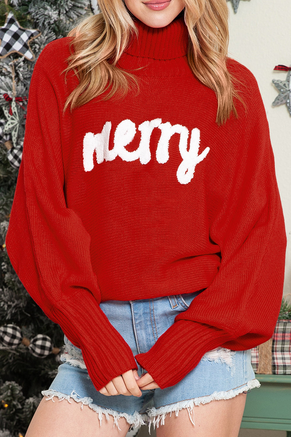 Red Turtle Neck Batwing Sleeve Merry Christmas Sweater