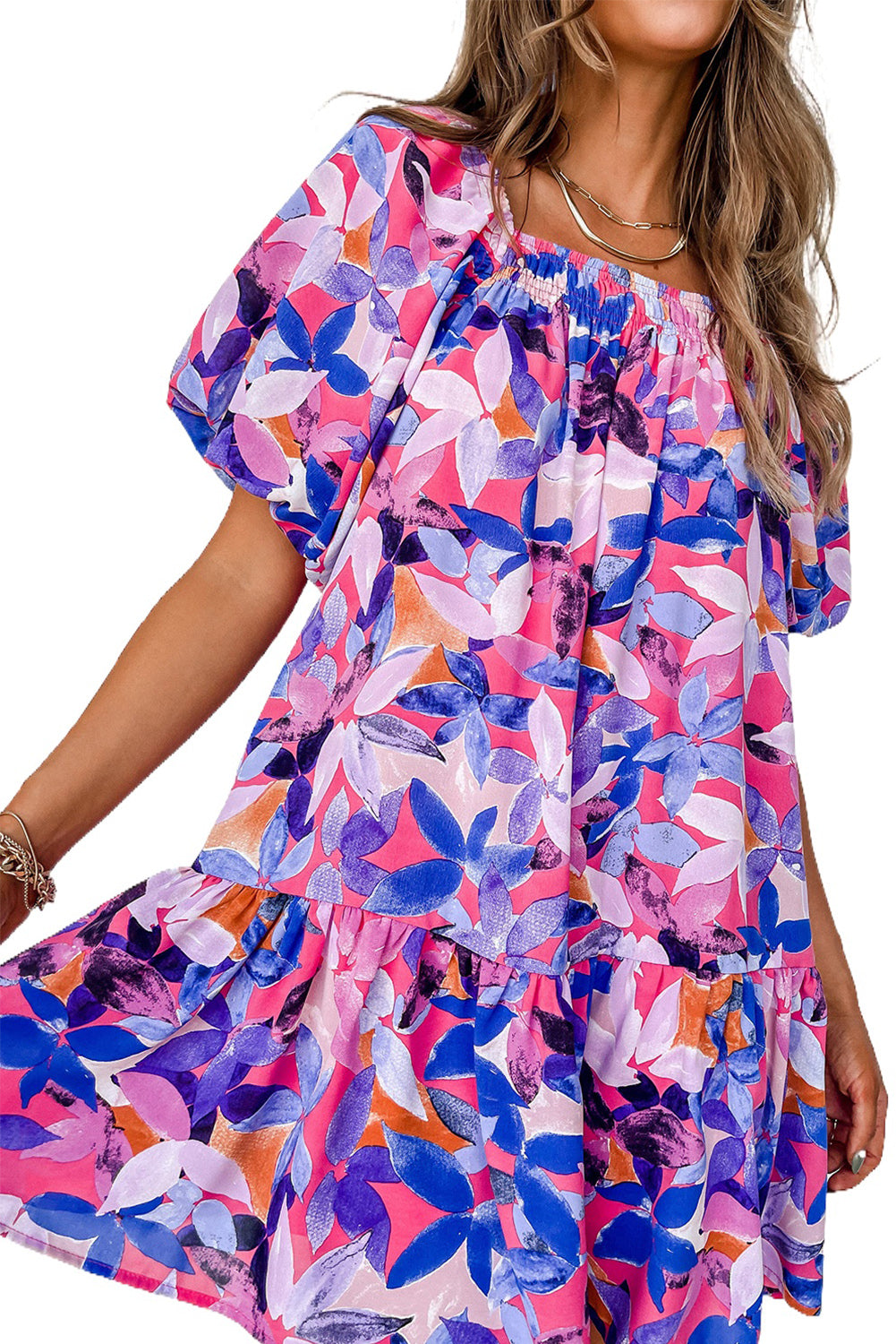 Purple Flower Print Short Puff Sleeve Ruffle Mini Dress