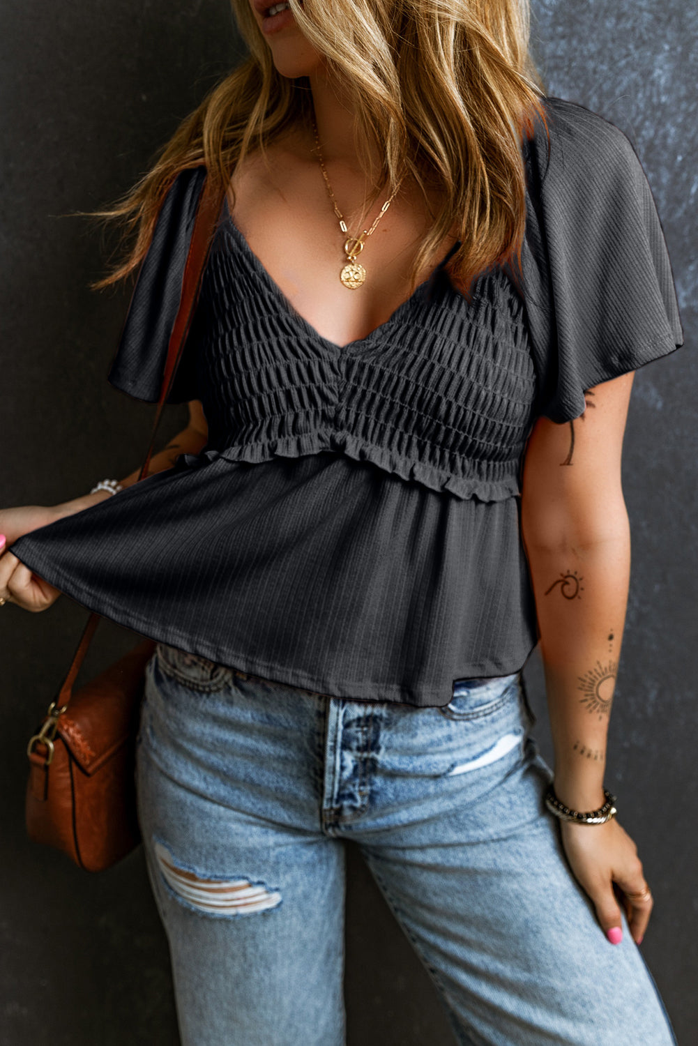 Shirred V Neck Short Flutter Sleeve Textured Blouse