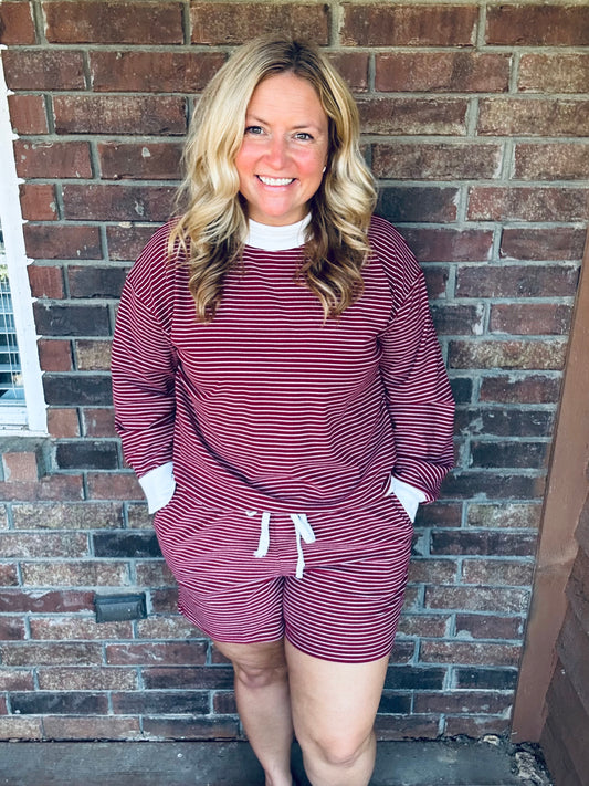 Maroon Striped Mock Neck Shorts Set