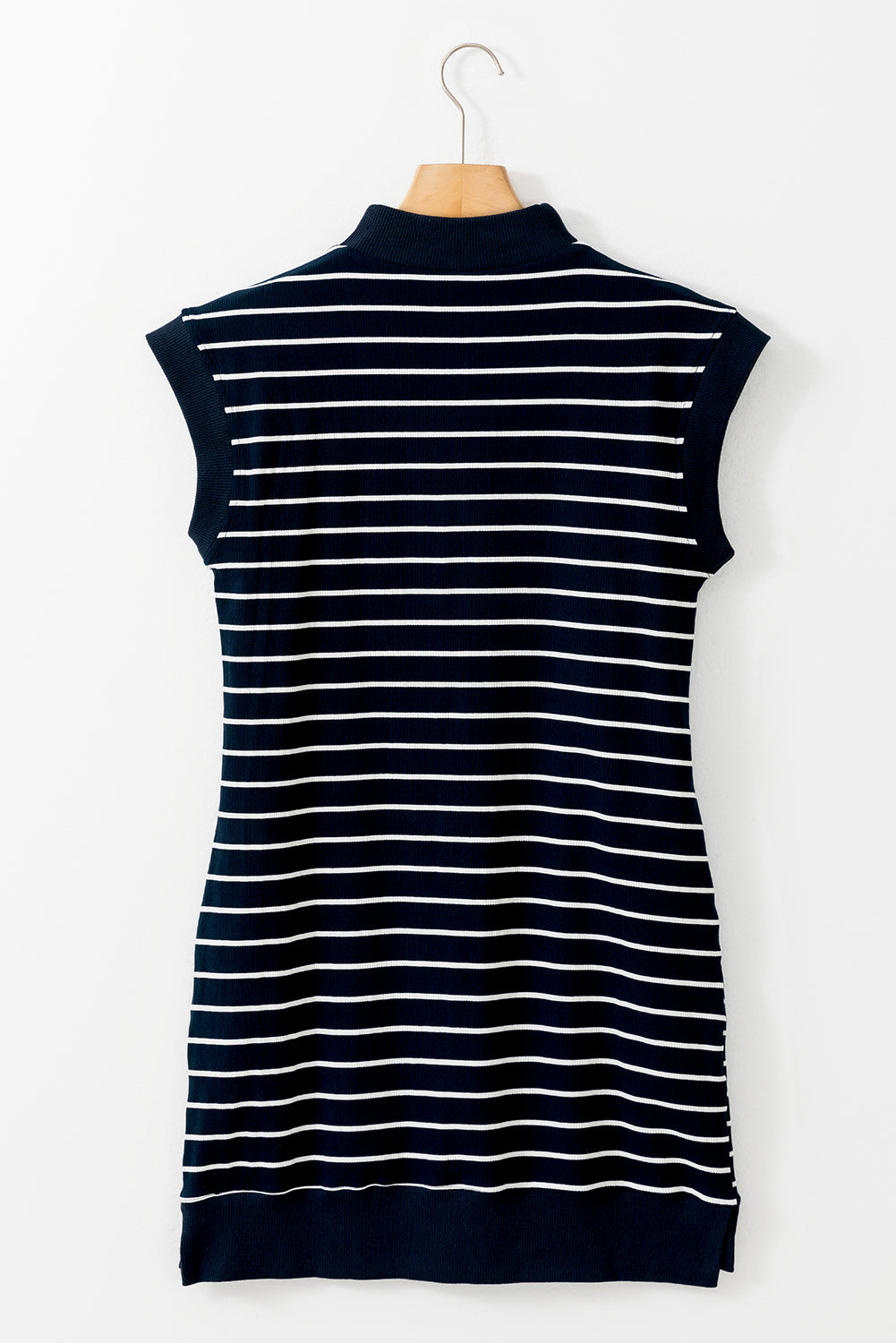 Striped Zip Collar Patchwork Ribbed Mini Dress