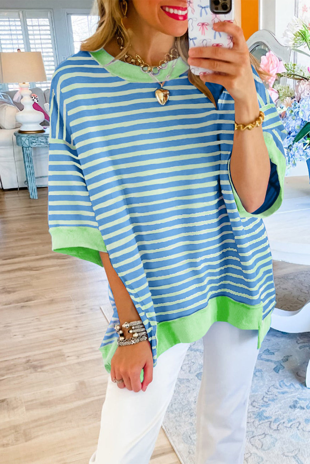 Stripe Colorblock Drop Sleeve Oversized T Shirt