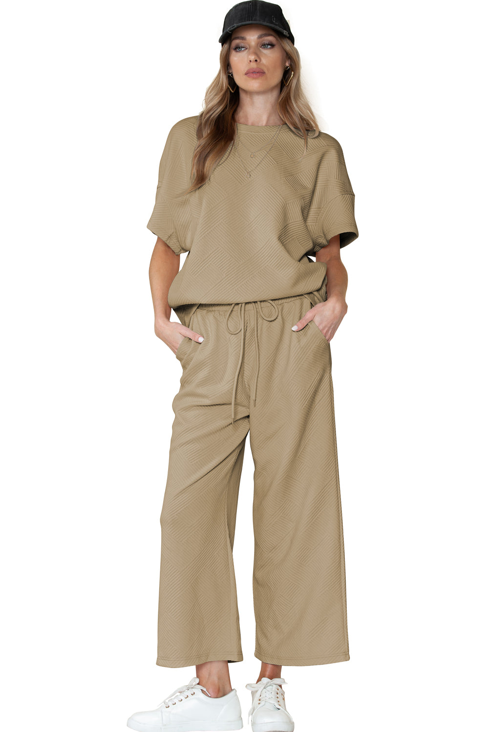 Textured Loose Fit T Shirt and Drawstring Pants Set