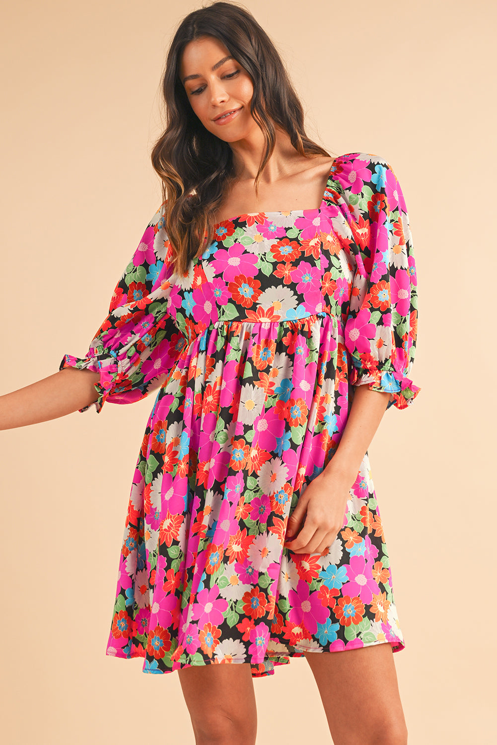 Rose Floral Print Square Neck Short Puff Sleeve Dress