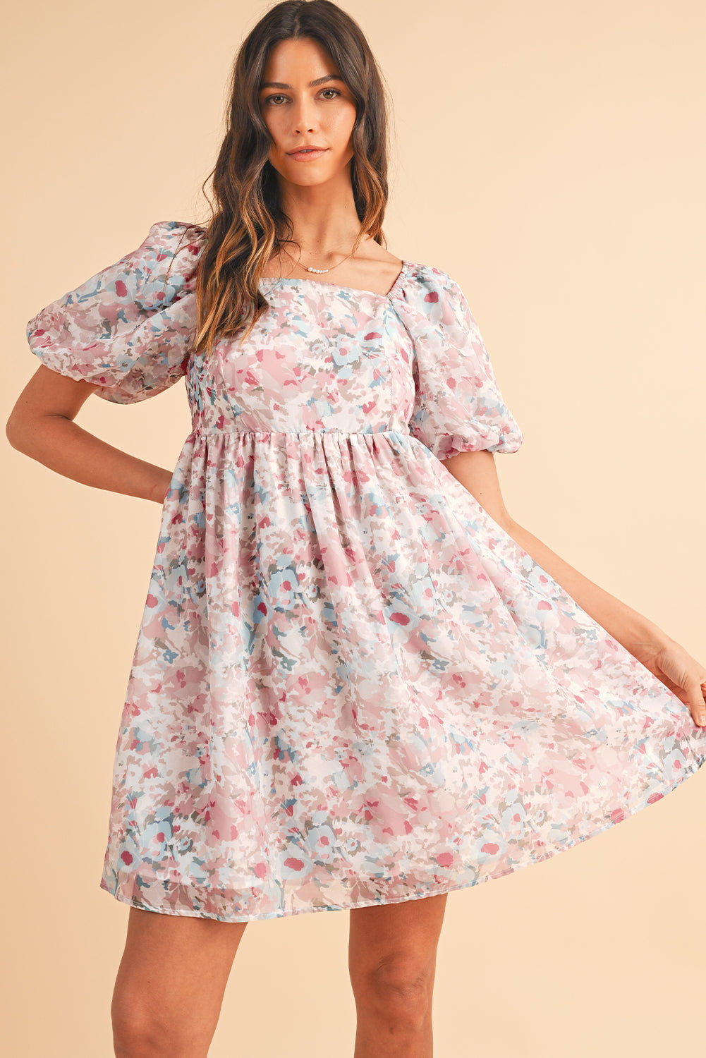 Floral Lantern Sleeve Square Neck Ruffled Mini Dress