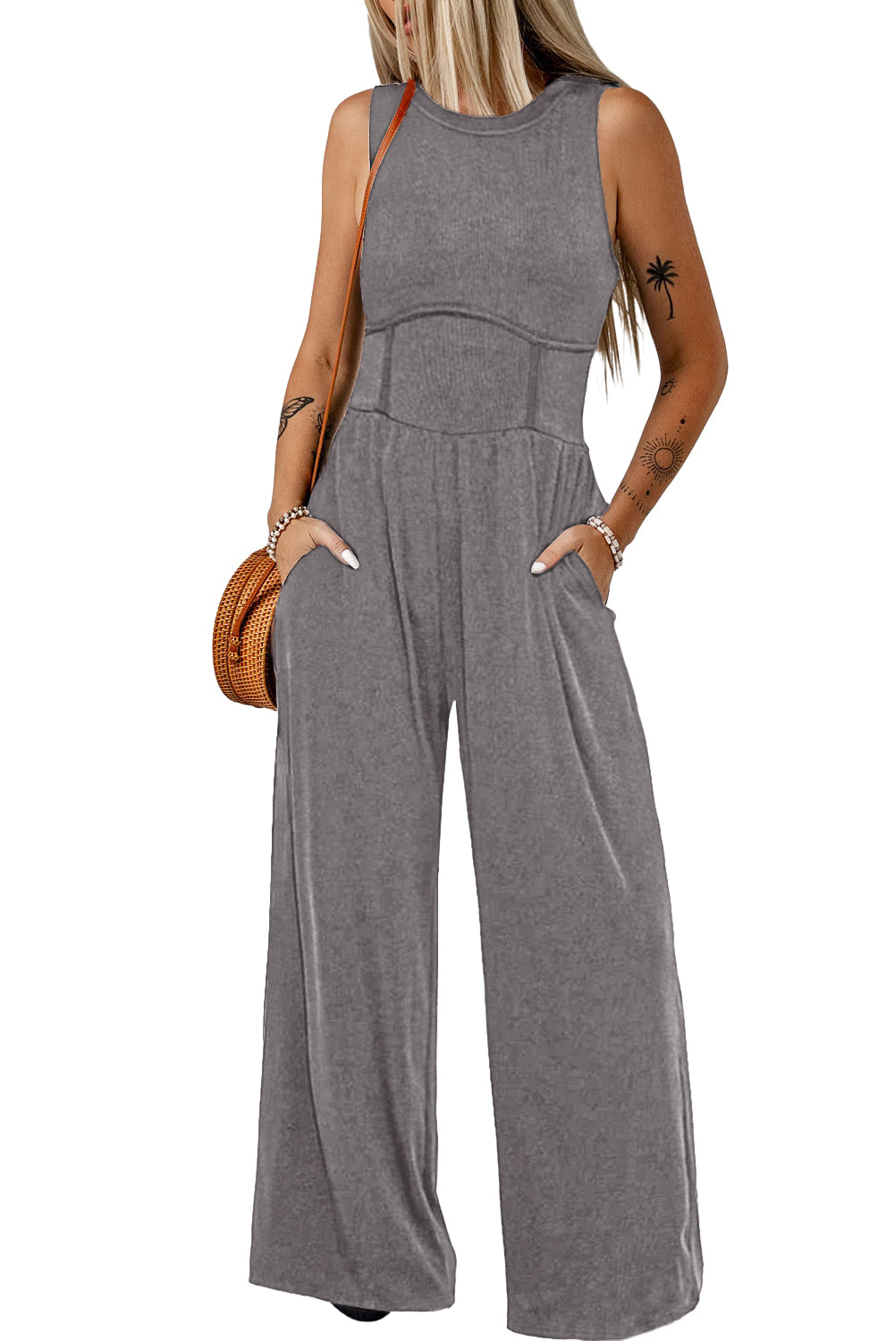 Medium Grey Sleeveless High Waist Wide Leg Jumpsuit