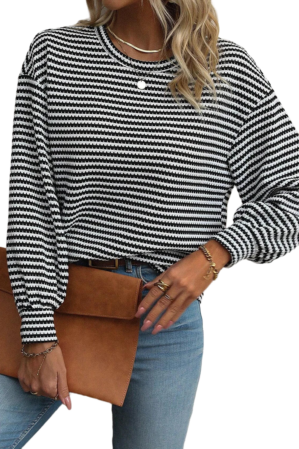 Khaki Stripe Round Neck Drop Shoulder Long Sleeve Top