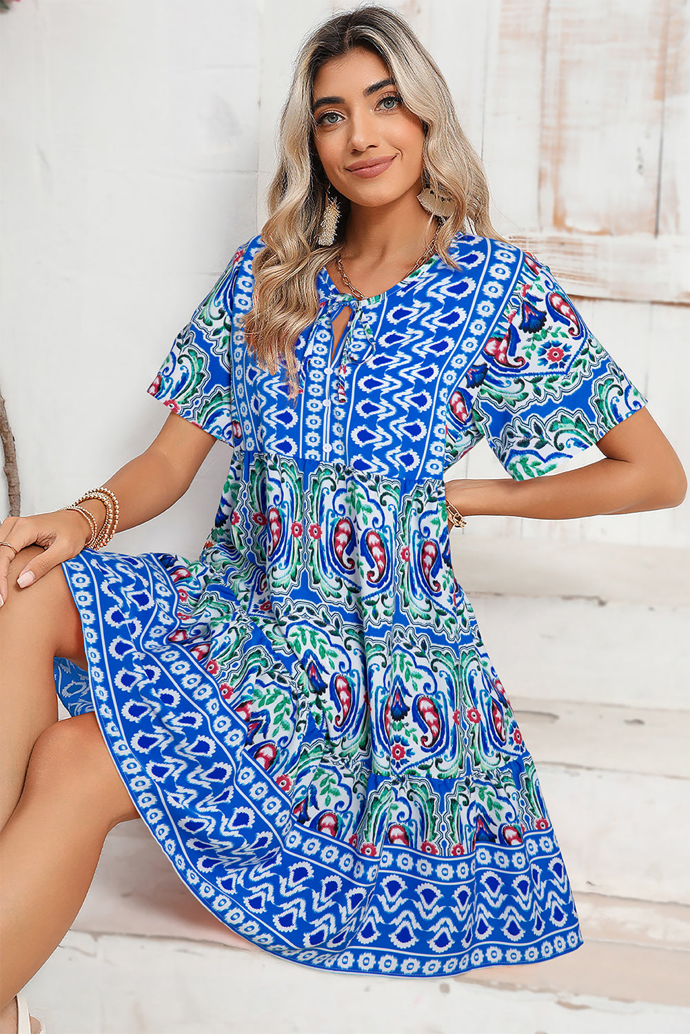 Bohemian Tie Neck Flounce Sleeve Ruffle Hem Mini Dress