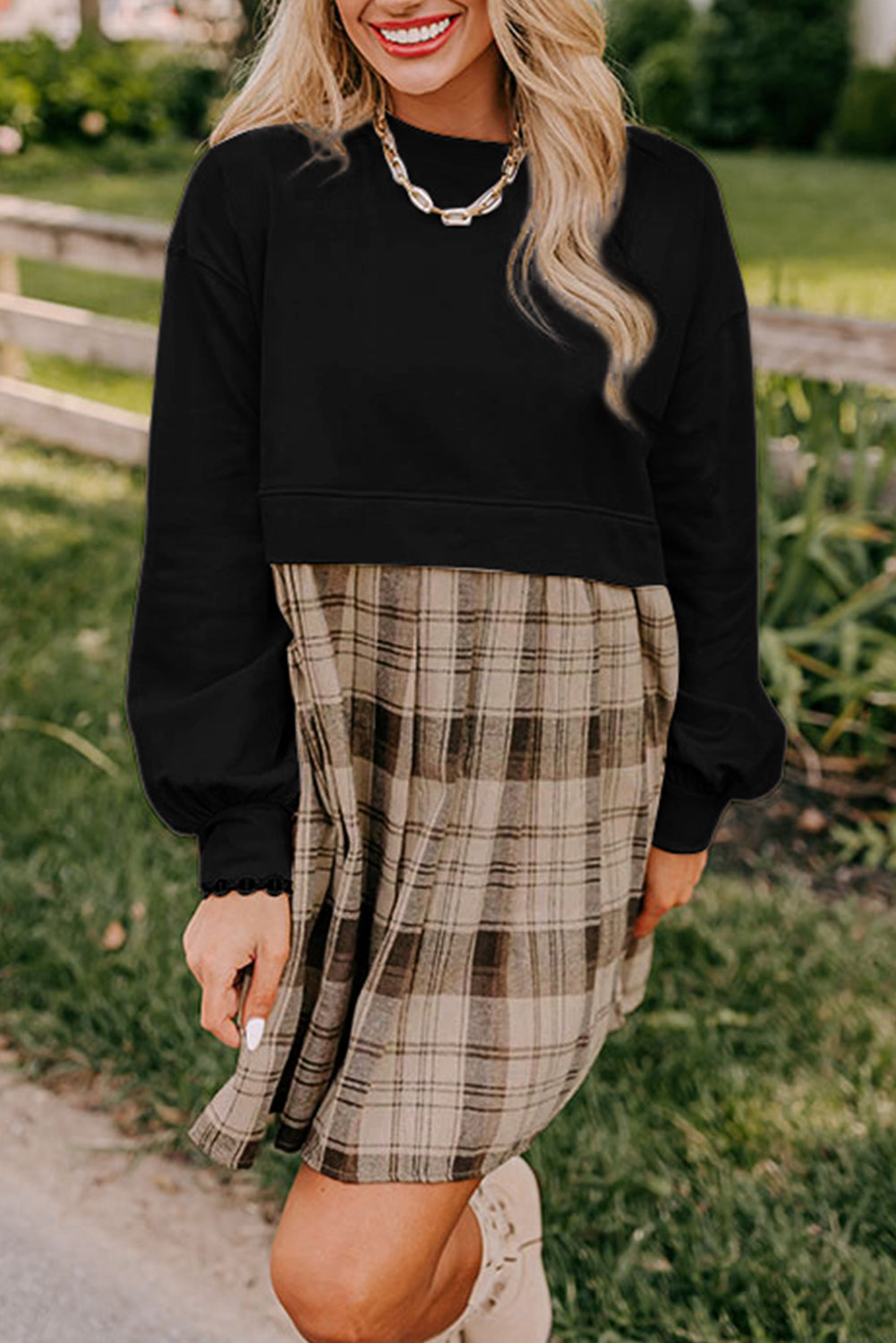 Beige Plaid Patchwork High Waist Sweatshirt Mini Dress