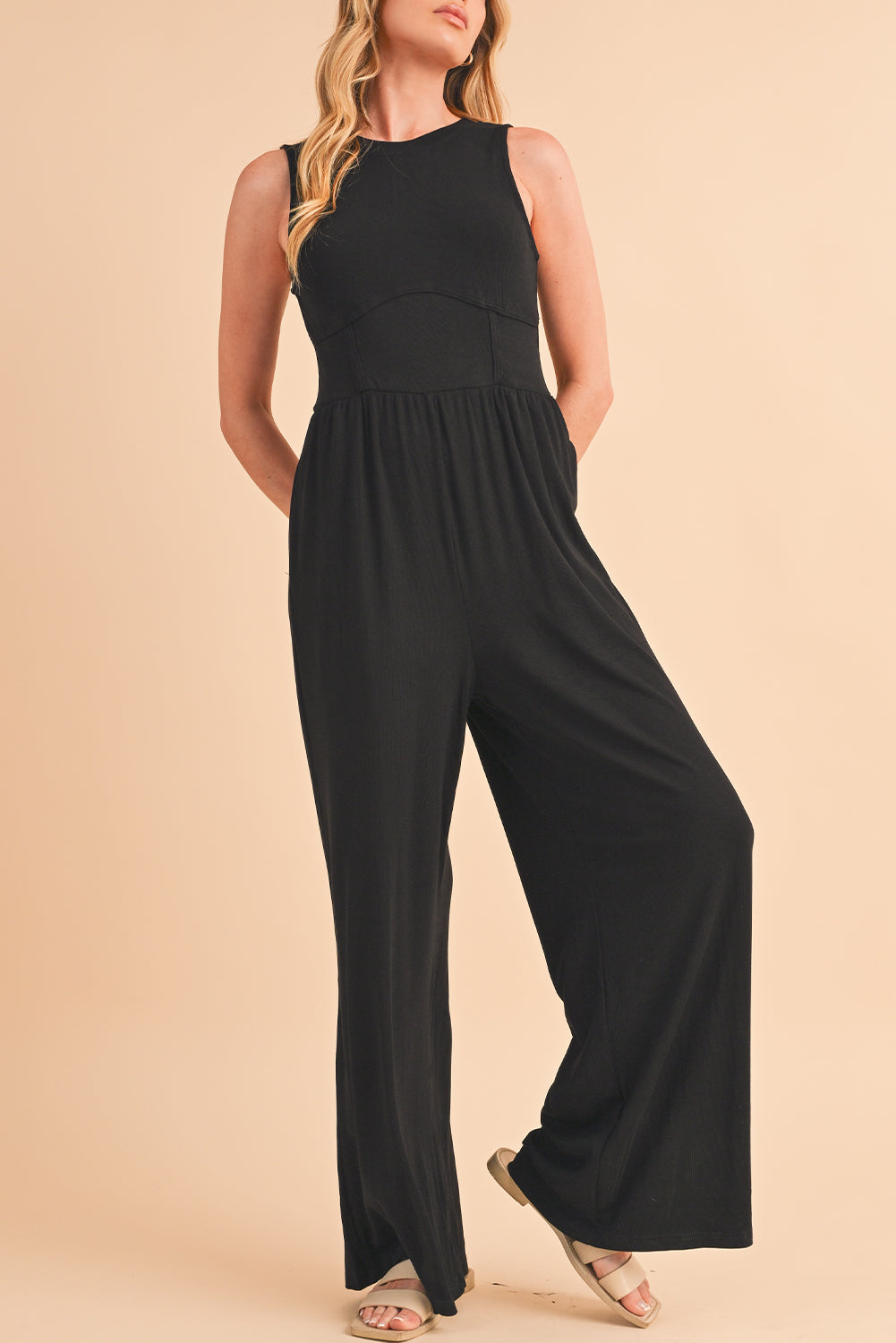 Medium Grey Sleeveless High Waist Wide Leg Jumpsuit