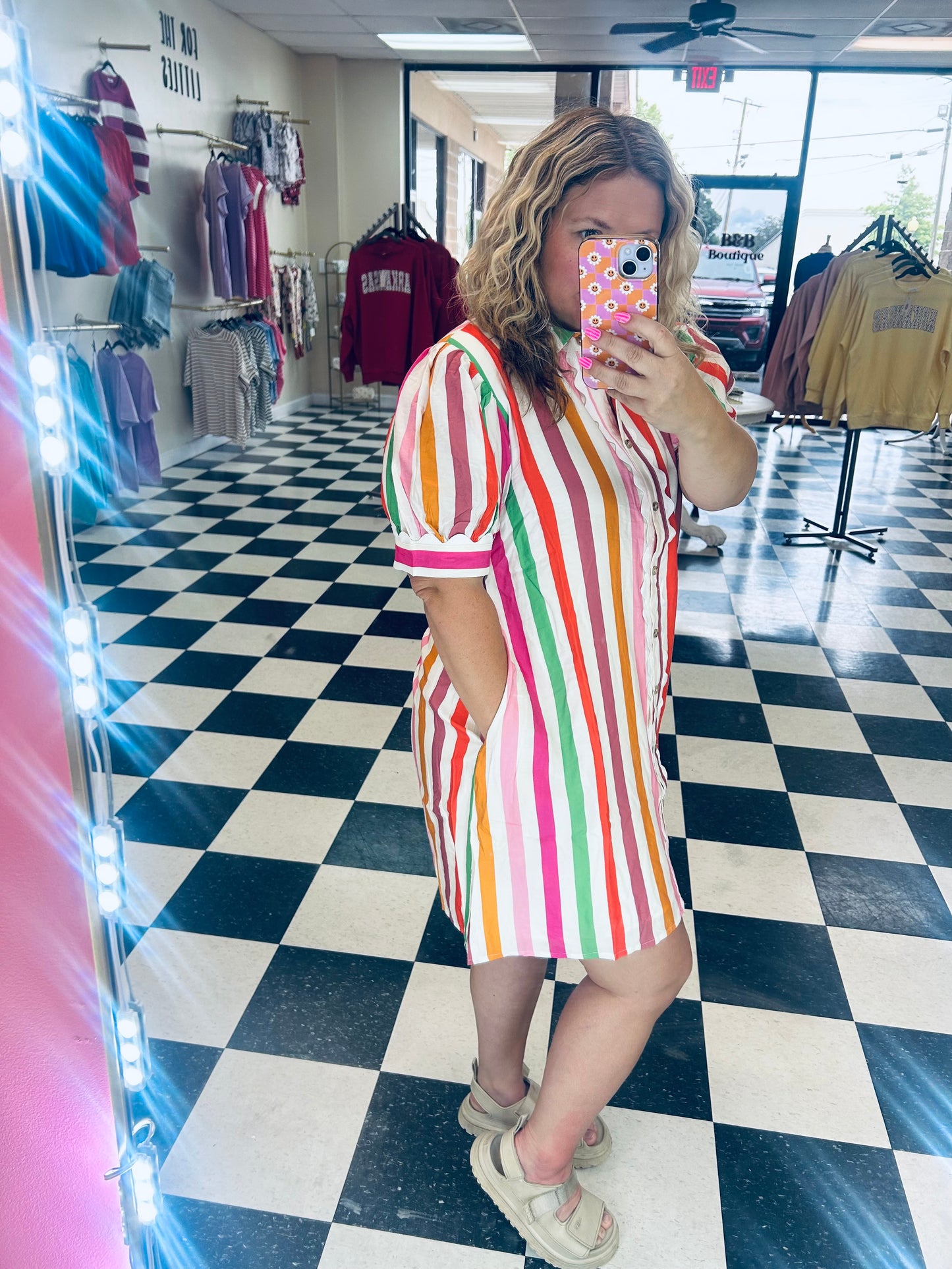 RAINBOW STRIPED BUTTON DOWN SHIRT DRESS